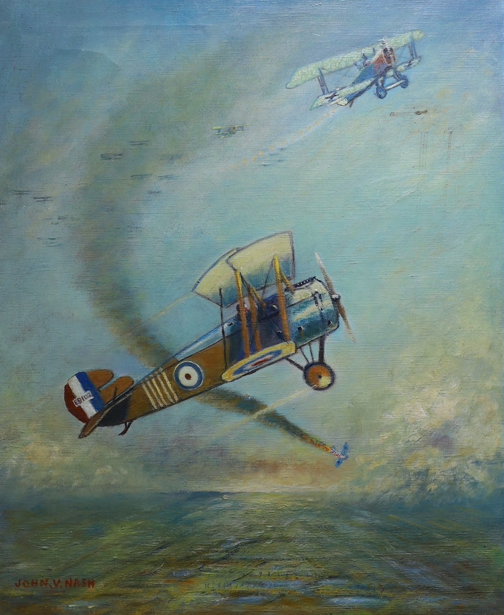 John V. Nash (20th C.), oil on canvas, 'Major W.G. Barker flying a Sopwith Snipe, 1918', signed, 60 x 50cm